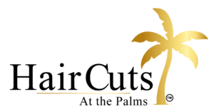 Hair Cuts At The Palms logo. Elegant gold palm tree on black. Kendall, Miami's best hair salon.